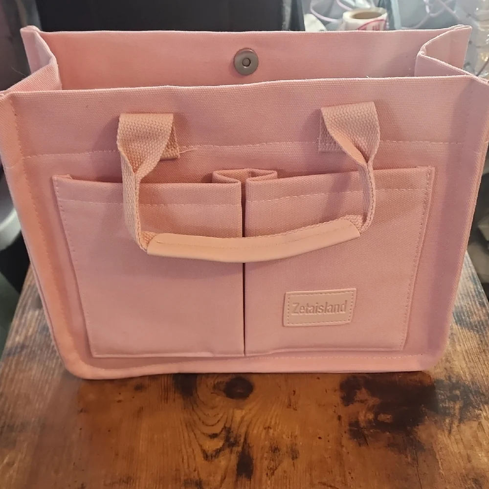 Pink Canvas Tote Bag Versatile Stripes Hobo Shoulder Bag, MultiCompartments